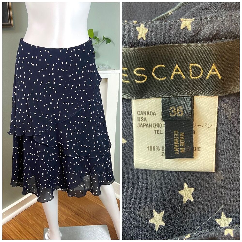 Escada Navy Star Print Tiered Midi Skirt